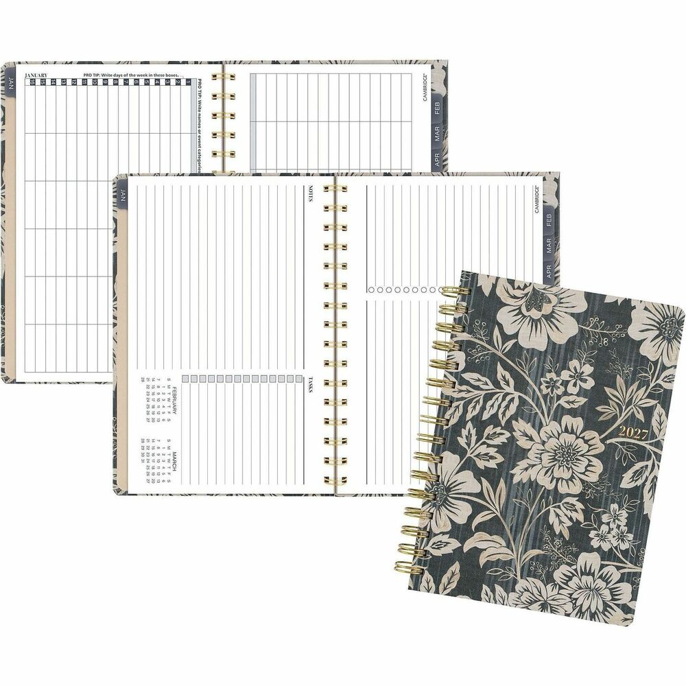 AAG1850202 - Bring structure to your plans with the Mead Cambridge Denim Blooms Monthly Planner. A blooming blue-and-white floral cover design brings rustic charm to your planning. It covers 12 months, from January to December. Easel stand lets your prop up the planner with ease, keeping your plans and notes in full view. Tabbed monthly spreads have a dashboard horizontal fill. Open daily rows include six individual sections for the freedom to plan by categories and people. Each month has a ruled notes section, task checklist and two future reference calendars. Special pages include a double-sided storage pocket, three-year reference calendar, holiday list, two future planning pages, five notetaking pages and 150+ stickers. Paper hardcover protects inner contents and stands up to wear-and-tear. Twin wire binding keeps pages secure and won't snag on bags or clothes. Pages measure 5-1/2" x 8-1/2" and are made with FSC-certified paper from responsible sources.