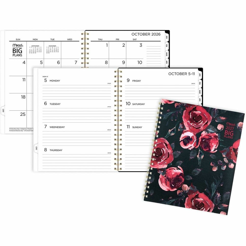 AAG1834630 - Keep all of your plans, events and reminders stored in this stylish Mead BIG PLANS Tea Party Weekly/Monthly Planner. Tea Part design brings elegance to your planning with gorgeous red florals that pop against a dark background. Planner covers 15 months, from October to December, perfect for yearly planning and beyond. Large print makes pages easier to read while still providing plenty of space for all your notes and reminders. Weekly spreads have ruled daily sections and a future month reference calendar. Tabbed monthly spreads have unruled daily blocks, a column for notes and past/future reference calendars. Special pages include reference calendars, two yearly-view pages, two future-planning pages, a holiday list, double-sided storage pocket and 20 notes pages. Sheets are made with FSC-certified paper from responsible sources and measure 8-1/2" x 11". Durable poly cover with gold twin-wire binding protect inner contents with ease.