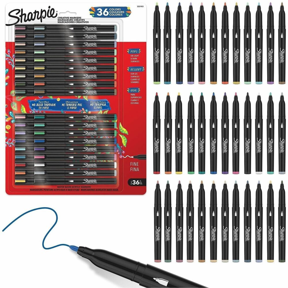 SAN2221921 - Bring your artistic vision to life with Sharpie Creative Markers. These acrylic markers feature stunning ink that glides across the page with the control of a marker. Water-based, paint-like ink won't bleed through paper so you work stays clean. Color markers create vibrant marks on light and dark surfaces including paper, metal, wood, ceramic, glass, rock, canvas and more. This massive variety pack features a wide range of colors, including rich Warm Tones. Colors beautifully layer to add dimension to your work. Fine points are perfect for small, intricate designs. No need to shake. Simply uncap and go.