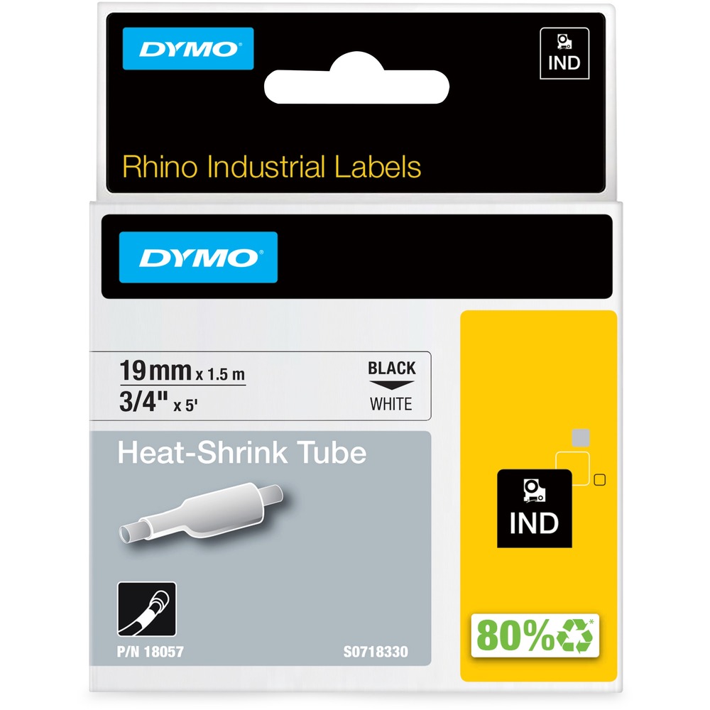 DYM18057 - White heat shrink tube offers a premium method of labeling wires and cables. Simply slide the tube onto the cable and shrink snugly to the cable using a heat gun. Labels will never fall off. The cassette fits into all Dymo Rhino printers including 6500, 6000, 5200, and 5000. Industrial-grade polyolefin offers a 3:1 heat shrink ratio and the convenience of printing directly on the 3/4" (19mm) tubing itself, eliminating the need for an extra labeling step. More from the Manufacturer