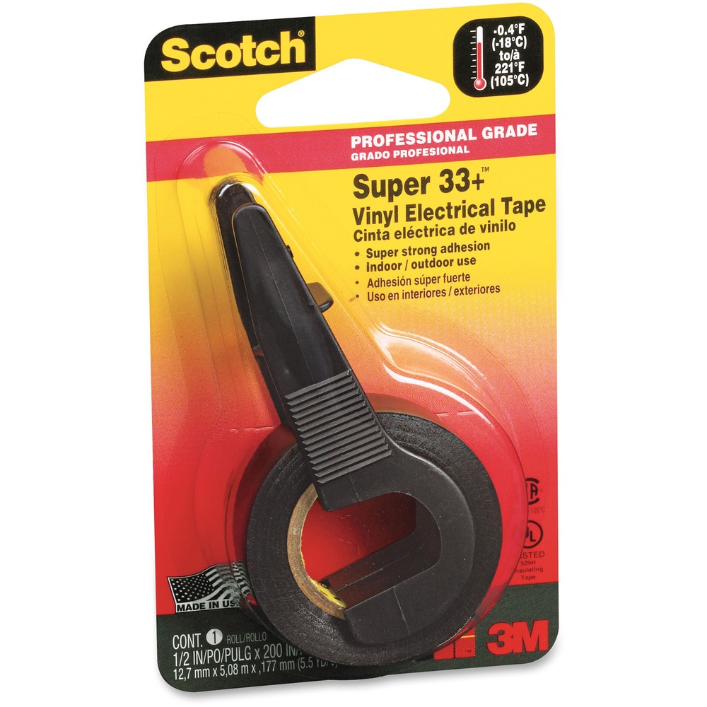 MMM194 - Scotch Super 33 Plus Vinyl Electrical Tape offers the highest quality. It is long-lasting with superior adhesion and handling in a wide range of temperatures and conditions. It is designed to perform continuously in a temperature range between 0 to 220 degrees Fahrenheit. Tape provides flexibility and easy handling for all-around performance.