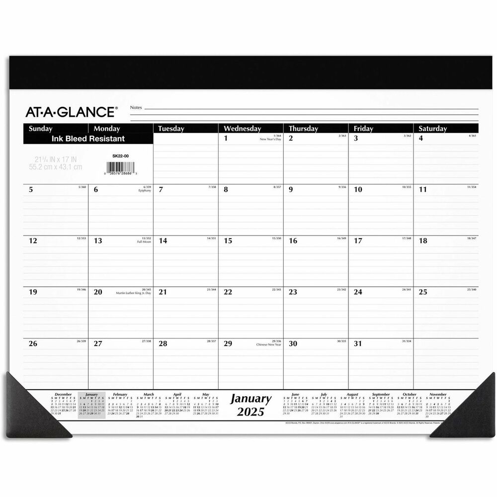 AAGSK2200 - Refillable desk calendar offers a classic black-and-white design and ruled areas for detailed, neat planning. Dated planning pages range 12 months from January to December. One-page-per-month format includes ruled daily blocks (3" x 2-1/4"), Sunday-through-Saturday scheduling, count of days/days remaining, and a full-year calendar reference at the bottom. Desk pad also features a black headband and two poly corners.