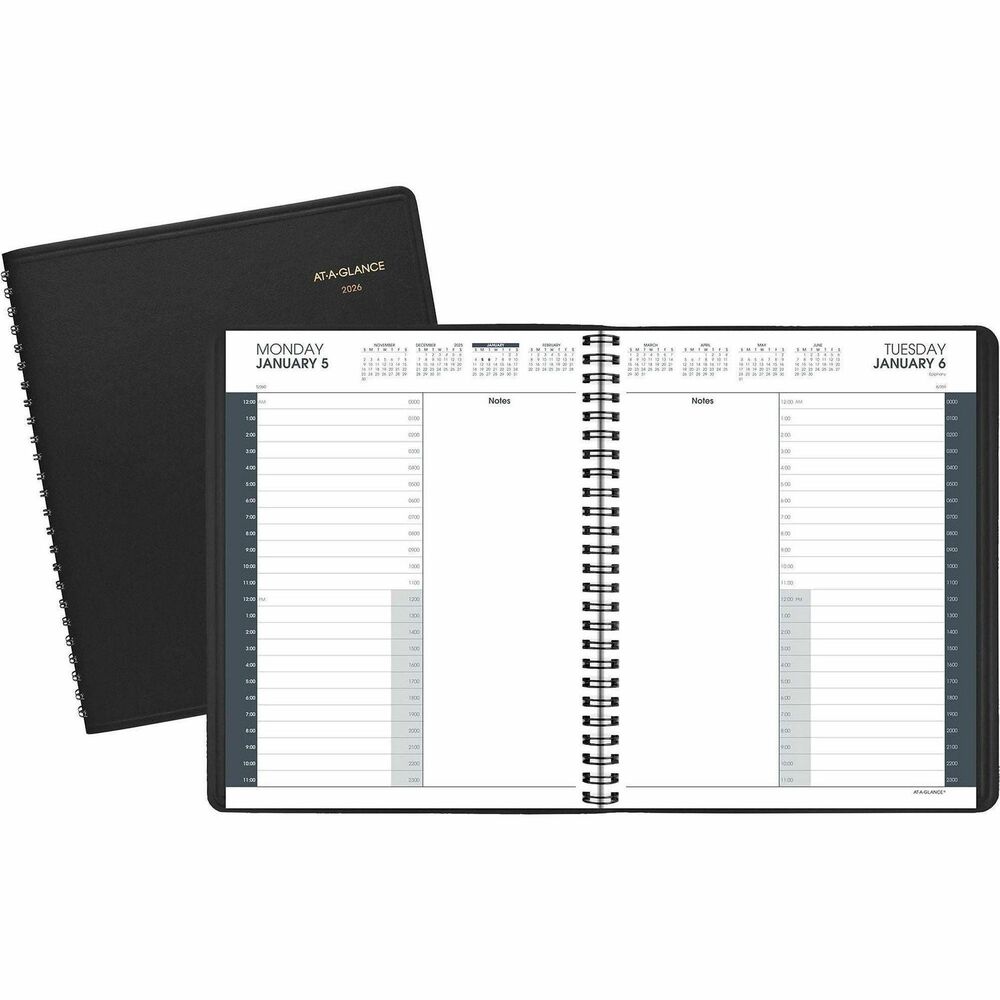 AAG7021405 - Schedule your day right down to the hour with this professional daily appointment book. Around-the-clock planning is easy with the full 24-hour layout. Dated planning pages range 12 months from January to December. One-page-per-day format includes a full 24-hour layout in hourly appointment times from 12 AM to 11 PM (including weekends), a long note column, military and standard times, and count of days/days remaining. Two past, current and five future months reference stretches across two pages. The current reference month is boxed, and the current two days are highlighted for easy identification. Wirebound appointment book features a flexible, simulated leather cover.