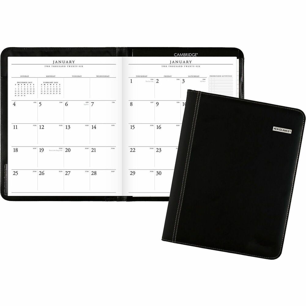 AAG7029005 - Organize your appointments in style with this smart-looking Executive Monthly Padfolio. Dated planning pages range 13 months from January to January. Two-page-per-month spreads feature unruled daily blocks, Sunday-through-Saturday scheduling, ruled area for prioritized activities, a column for prioritized activities and notes, count of days/days remaining, and past and future months reference. Bookbound monthly planner also has a deluxe leatherlike cover with storage pocket, business card holders, a pen loop, and separate writing pad.