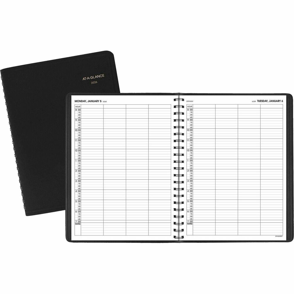 AAG7082205 - Four-Person Daily Appointment Book allows you to keep track of four people's schedules at one time. Ideal for small work groups or contract workers. Dated planning pages range 12 months from January to December. One-page-per-day format includes quarter-hourly appointment times from 8 AM to 7 PM (Monday through Saturday) in four columns for professional group appointments, count of days/days remaining and a ruled note section for each column. Wirebound appointment book also offers perforated corners for easy reference and a simulated leather cover to protect your planning pages. Pages are printed in green ink on quality paper.