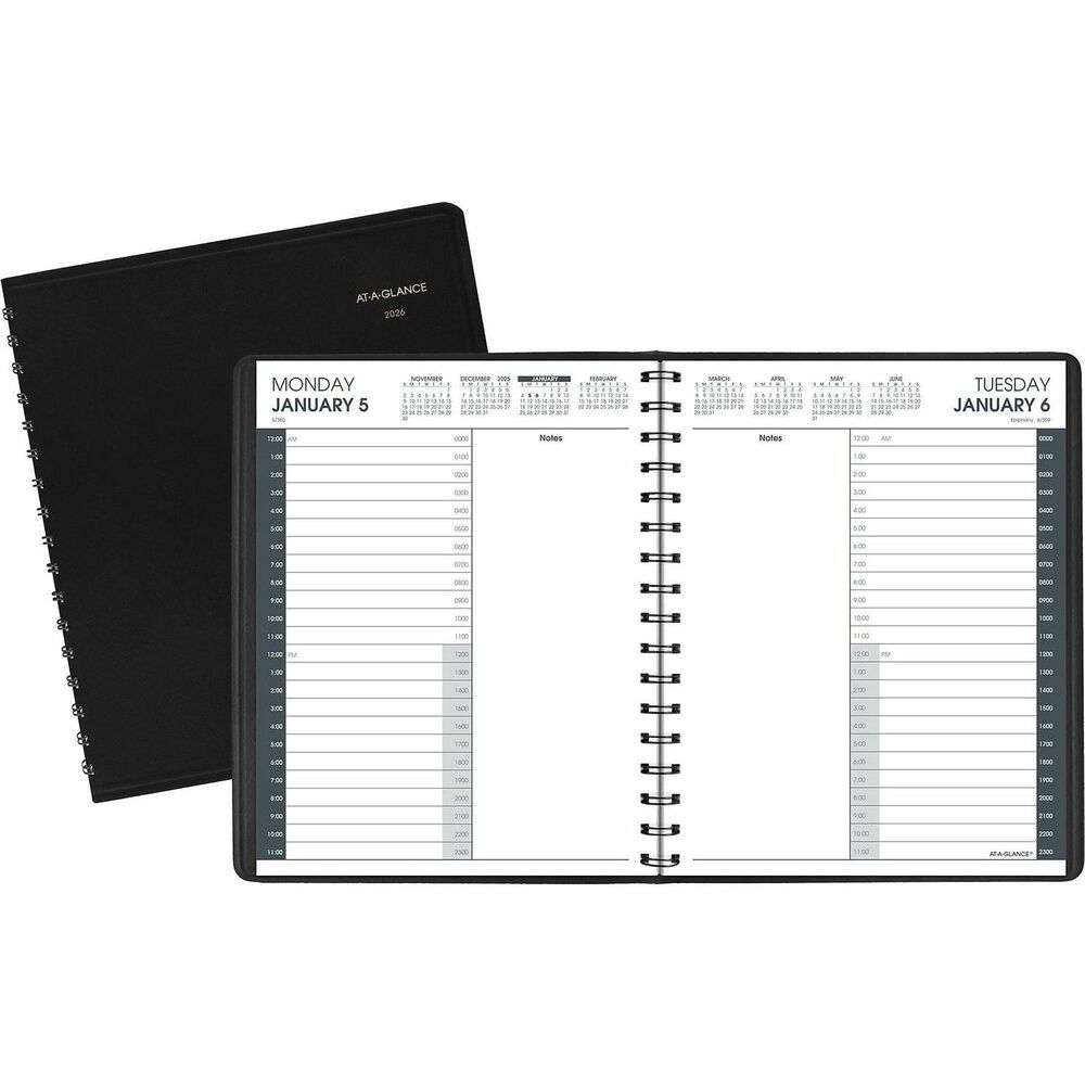 AAG7082405 - Schedule your day right down to the hour with this daily appointment book. Around-the-clock planning is easy with this 24-hour planning tool. Dated planning pages range 12 months from January to December. One-page-per-day format features a full 24-hour layout with hourly appointment times from 12 AM to 11 PM (including weekends), military and standard times, count of days/days remaining, holidays, and a long, unruled note panel. Two past, current and five future months reference stretches over two pages. Wirebound appointment book also has a simulated leather cover.