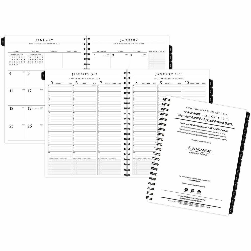 AAG7091110 - Weekly/monthly wirebound refill is designed for use with AT-A-GLANCE Executive Weekly/Monthly Appointment Book 70-LX81-05 and 70-NX81. Dated planning pages range 12 months from January to December. Two-page-per-week spreads include ruled daily columns, hourly appointment times from 8 AM to 5 PM with rulings for 15-minute intervals each hour, Monday-through-Sunday scheduling, count of days/days remaining, daily chart for prioritized activities and ruled notes area. Tabbed, two-page-per-month spreads feature unruled daily blocks, Sunday-through-Saturday scheduling, count of days/days remaining, holidays, chart for prioritized activities, ruled notes section, and past and future months reference.