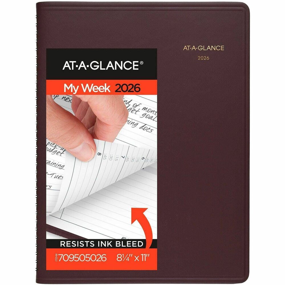 AAG7095050 - Weekly appointment book offers classic styling and all of the planning basics that make this a great scheduling tool for any busy professional. Dated planning pages range 13 months from January to January. Two-page-per-week spreads include ruled daily columns, Monday-through-Sunday scheduling, quarter-hourly appointment times from 7 AM to 8:45 PM on weekdays and 7 AM to 5:30 PM on Saturday, ruled area for Sunday, count of days/days remaining, numbered weeks, holidays, and past, current and two future months reference. The current reference month is boxed, and the current week is highlighted for easy identification. Wire-bound, nonrefillable appointment book has a durable, faux-leather cover and contact pages.