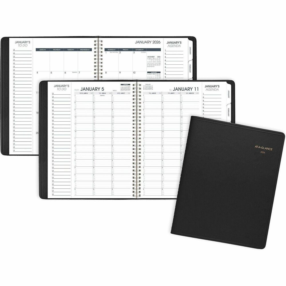 AAG70950V05 - Professional Triple-View Weekly/Monthly Appointment Book ranges 12 months from January to December. View your weekly calendar plus your monthly to-do list and your quick-view monthly agenda all at the same time. The weekly format features two-page-per-week spreads with quarter-hourly appointment times from 7 AM to 8:45 PM on weekdays and 7 AM to 5:45 PM Saturdays (no times for Sundays), and current and future months reference. Tabbed monthly view offers a full month for long-range planning, unruled daily blocks, and past, current and four future months reference. Wirebound appointment book also features a simulated leather cover.