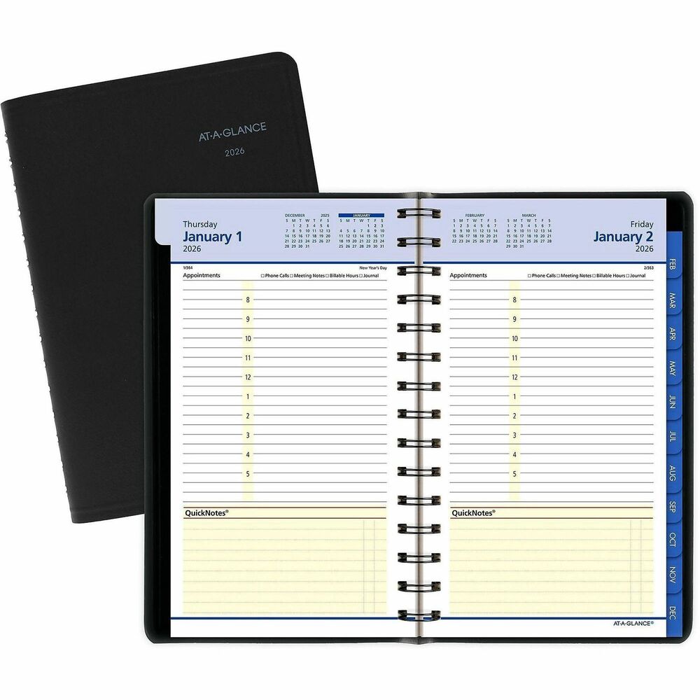 AAG760405 - Let QuickNotes help you schedule your busy day and plan for your busy month with this desk-sized daily/monthly appointment book. Dated planning pages range 12 months from January to December and printed in four colors. One-page-per-day format has a QuickNotes section, ruled hourly appointment times from 8 AM to 5 PM, extra space for morning and evening appointments, and count of days/days remaining. The past, current and two future months reference stretches across two pages, and both dates are highlighted in red in the current reference month. Tabbed monthly format is designed for long-range planning with ruled daily blocks, Sunday-through-Saturday scheduling and shaded weekends. Wirebound, nonrefillable planner also includes a four-color format printed on quality paper, simulated leather cover, telephone/address section, and storage pocket.