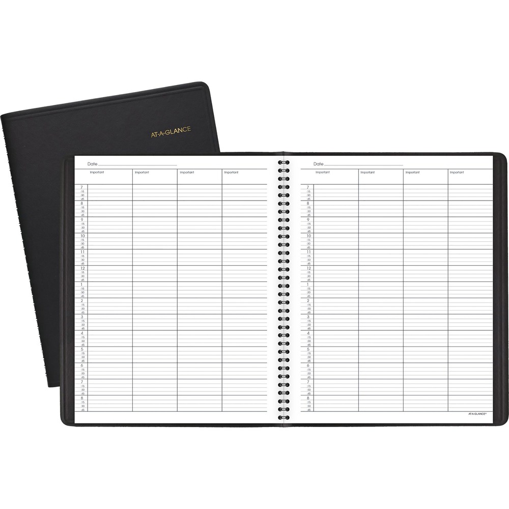AAG8031005 - Four-Person Daily Appointment Book allows you to keep track of four people's schedules at one time. Ideal for small work groups or contract workers. Undated calendar ranges 12 months from January to December. One-page-per-day format includes four schedules, quarter-hourly appointment times from 7 AM to 8:45 PM from Monday through Saturday. Box at the top of each column can record the focal point of your day or the most important things to do. Wirebound appointment book contains 317 pages, perforated corners for easy reference, and a simulated leather cover.