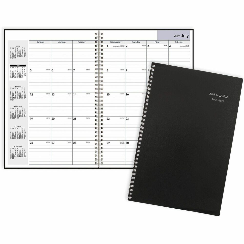 AAGAY200 - Monthly academic planner offers planning basics for the busy professional in one classically designed monthly planner. Planning pages range 14 months from July to August. Two-page-per-month spreads offer large ruled blocks for ample writing space, Sunday-through-Saturday scheduling, count of days/days remaining, holidays, and past, current and four future months reference along the left side. Wirebound planner also features a page for future planning and phone numbers.