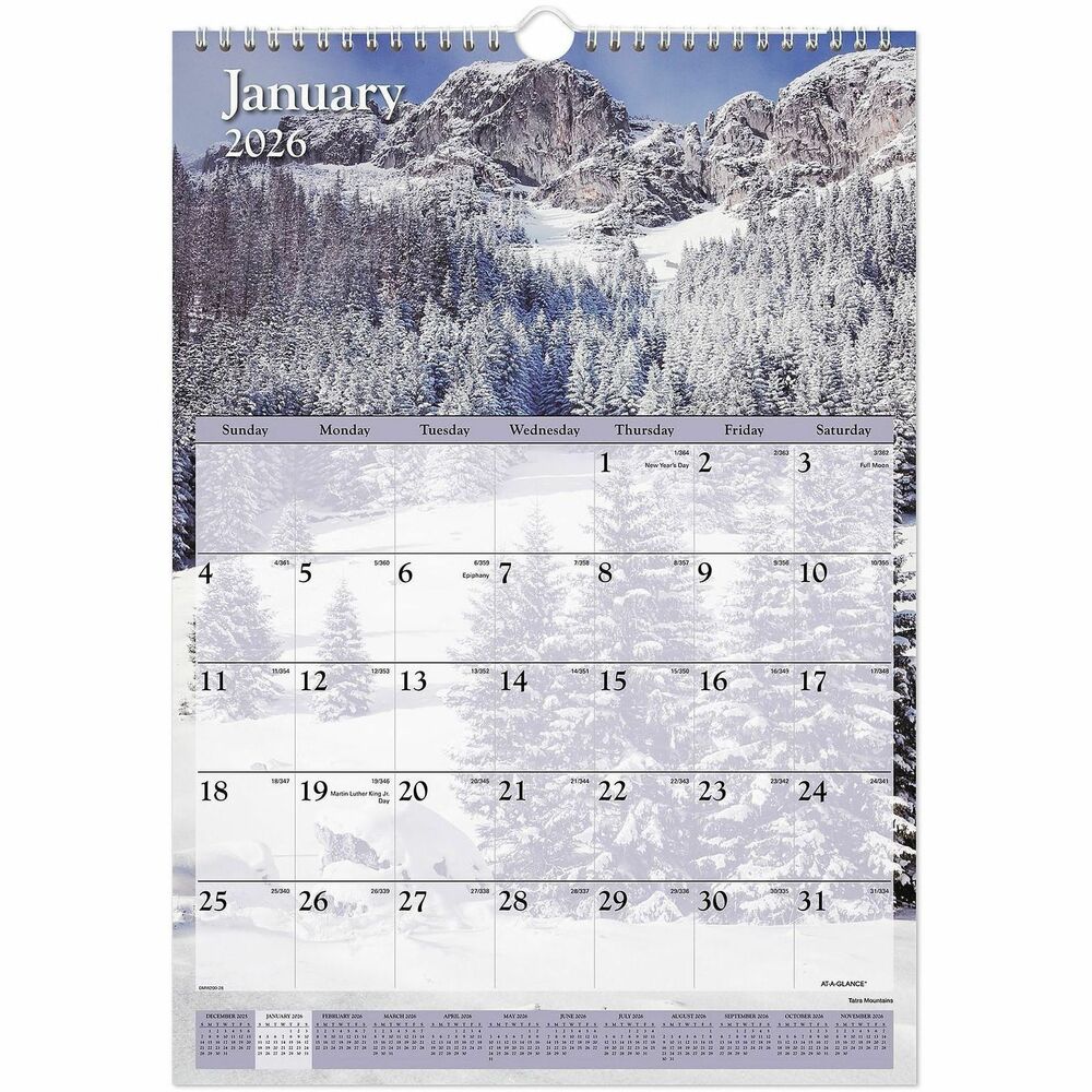 AAGDMW20028 - Organize office events, meetings and appointments with this calendar that offers a different, stunning scenic image each month. Wall calendar offers 12 months of dated planning from January to December. One-page-per-month format contains ample writing space in unruled daily blocks (1-1/2" x 1-1/2"), Sunday-through-Saturday scheduling, count of days/days remaining, holidays and monthly reference calendars with one past, current and 10 future months reference. Background design and color scheme coordinate with each image. Wall calendar includes full chipboard backer and bonus page with current yearly reference calendar in back. The wire hanger and loop simplify hanging on walls or cubicles. Calendar is printed on quality paper.