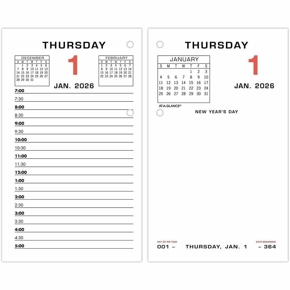AAGE01750 - Keep up-to-date and organized with this daily refill. Loose-leaf refill is two-hole punched and designed to fit standard, E17-style calendar bases. Dated planning pages range 12 months from January to December and include monthly tabs for easy reference. Two-page-per-day spreads include full weekends, ruled half-hourly appointment times from 7 AM to 5 PM, two-color format, count of days/days remaining, and past, current and future months reference.