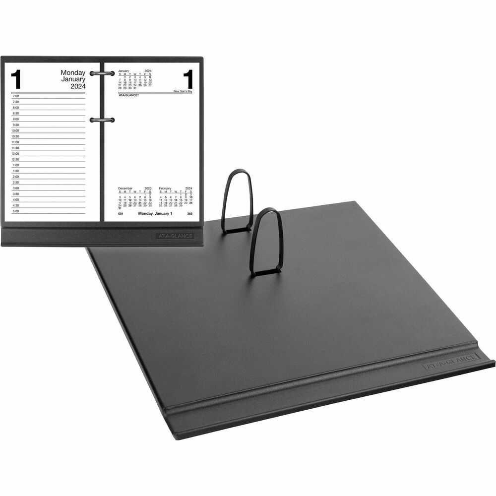 AAGE1700 - Classic yet contemporary, this black, desk calendar base holds standard, 17-style calendar refills (sold separately) with a 3-1/2" x 6" to 6-1/2" page size. Durable plastic base has two rings to secure loose-leaf sheets firmly in place. Recyclable base is made of high-impact, molded plastic.