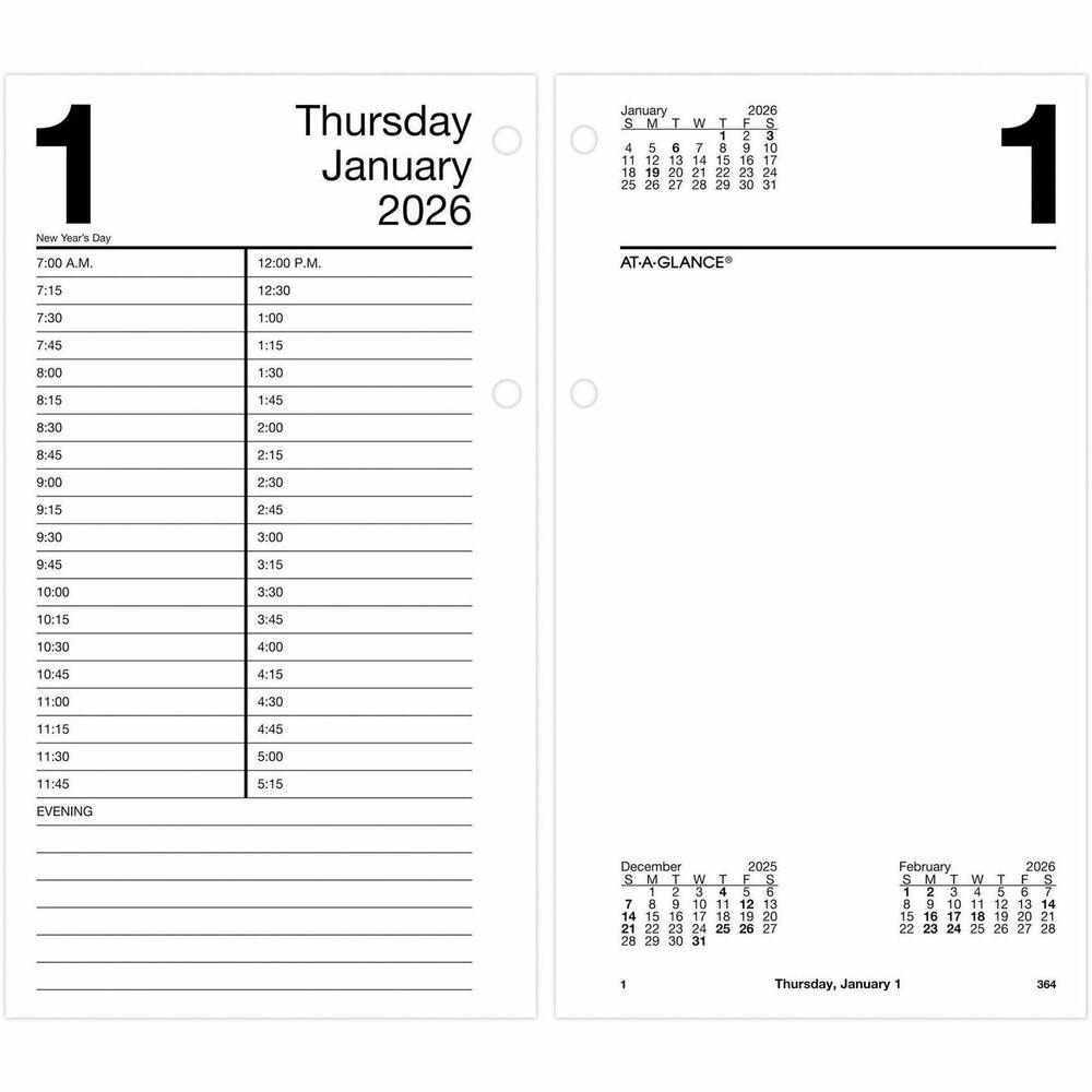 AAGE21050 - Large daily refill makes it easy to stay on top of each day's events and appointments and is two-hole punched to fit E21-style bases. Two-page-per-weekday spreads feature ruled, quarter-hourly appointment times from 7 AM to 5:15 PM and evening lines with no appointments on one page. The other page includes past, current and future months, count of days/days remaining, holidays, and a spacious unruled area for notes. Dated planning pages range 12 months from January to December.