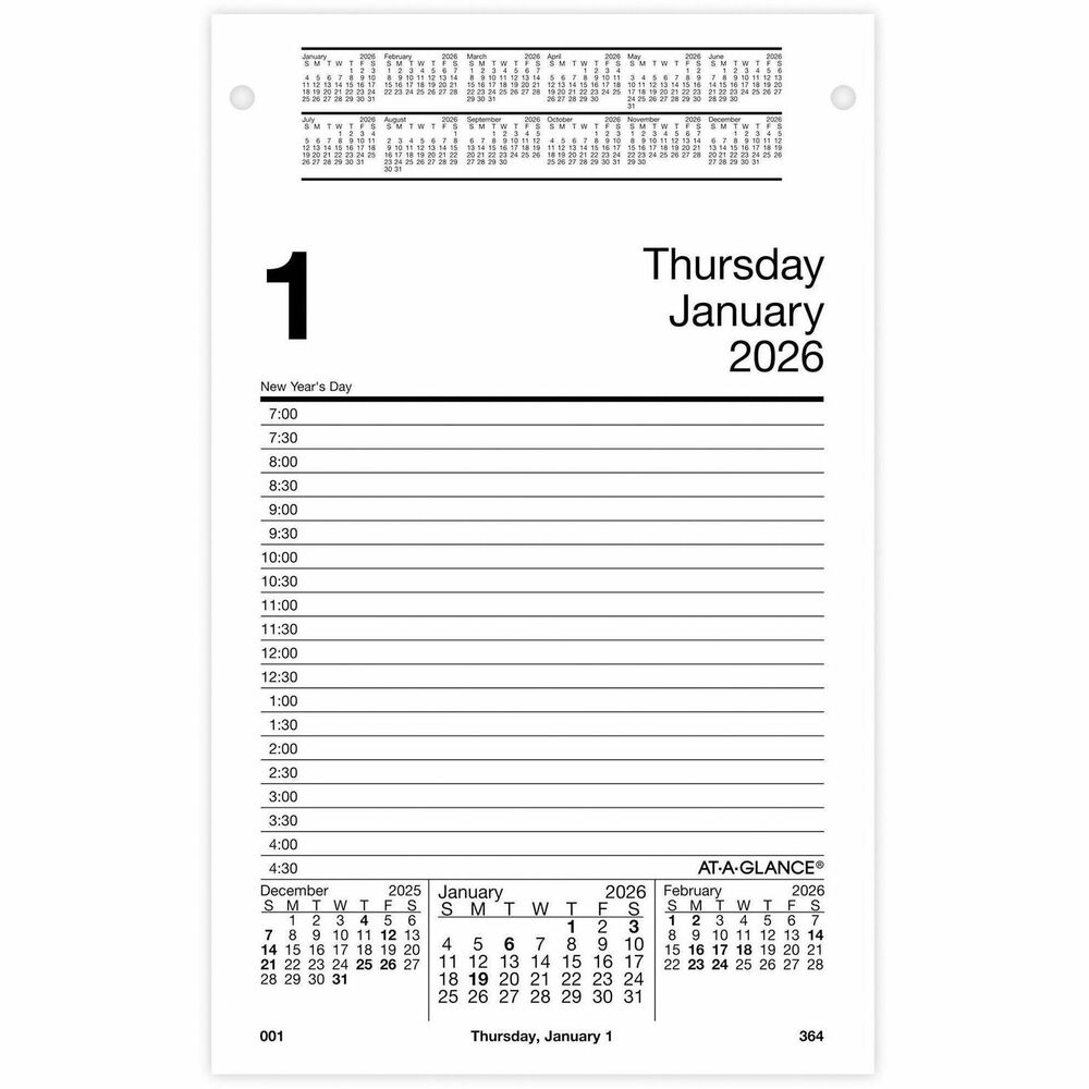 AAGE45850 - Pad-style, daily calendar refill is a great addition to your desk to help you keep track of your busy schedule in E58-style bases (sold separately). Dated planning pages range 12 months from January to December. One-page-per-weekday format includes ruled, half-hourly appointment times from 7 AM to 4:30 PM; count of days/days remaining; and past, current and future months reference. The refill for the full-year calendar reference fits under a magnifying lens at the top of each page in the E58-style base.