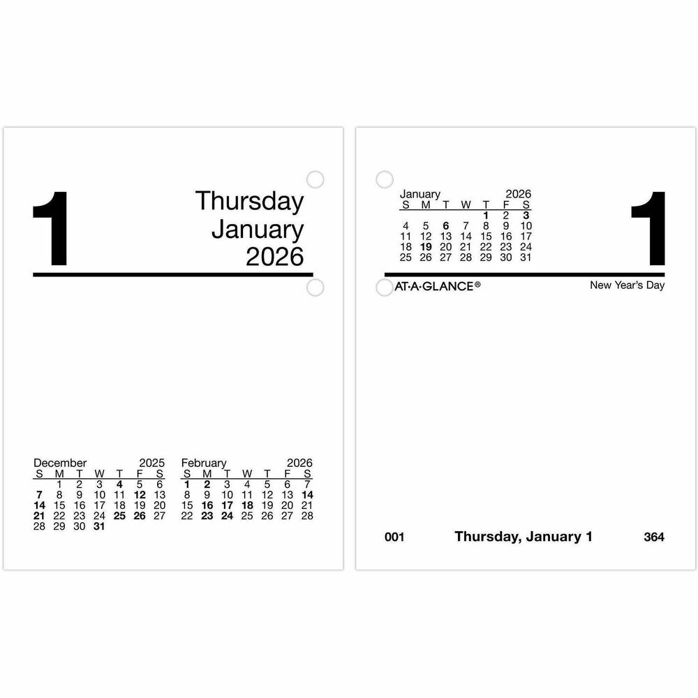 AAGE91950 - Stay on top of each day's events and appointments with this compact, daily refill for desktop calendars with E19-style bases. Two-hole-punched horizontal format allows you to flip over to the next day. Ideal for a crowded work space. Dated planning pages range 12 months from January to December. Two-page-per-weekday spreads include unruled areas for notes, count of days/days remaining, and past, current and future months reference. Saturday and Sunday are combined. Desk calendar refill also features monthly tabs for easy referencing of dates.
