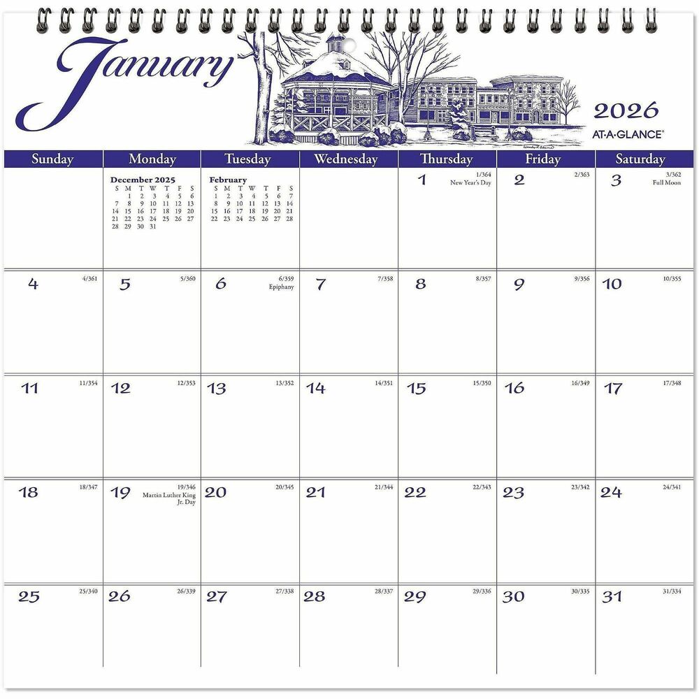 AAGG100017 - Monthly wall calendar features a new illustration each month and offers the essentials to manage your schedule. Dated planning pages range 12 months from January to December. One-page-per-month format offers generous writing space in each unruled daily block (1-3/4" x 1-5/8"), count of days/days remaining, and past and future months reference. Wirebound wall calendar also offers a heavyweight, gray backboard frame and punched center hole for easy hanging. Calendar is printed in blue ink on quality paper.