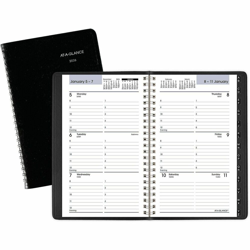 AAGG21000 - Keep track of important dates and meetings with this DayMinder Weekly Appointment Book. Dated planning pages range 12 months from January to December. Two-page-per-week spreads feature ruled daily entries, hourly appointment times from 8 AM to 5 PM, count of days/days remaining, holidays and past, current and two future months reference. Wirebound appointment book includes simulated leather cover, concealed wire binding and tabbed telephone/address section. Nonrefillable calendar is printed on quality paper.