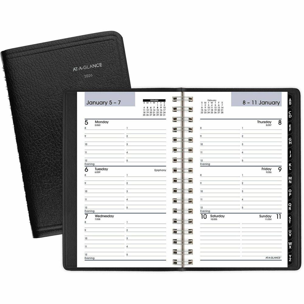 AAGG25000 - Compact planner will help keep you organized and on schedule with easy planning on the go. Weekly pocket planner features two-page-per-week spreads, perforated corners for easy reference, a tabbed telephone/address section, and simulated leather wirebound cover. Dated planning pages range 12 months from January to December. Each spread includes ruled daily entries in a horizontal format, hourly appointment times from 8 AM to 5 PM on weekdays, Monday-through-Sunday scheduling, count of days/days remaining, a two-color format (black and blue ink), and current and future months reference. Calendar is nonrefillable.