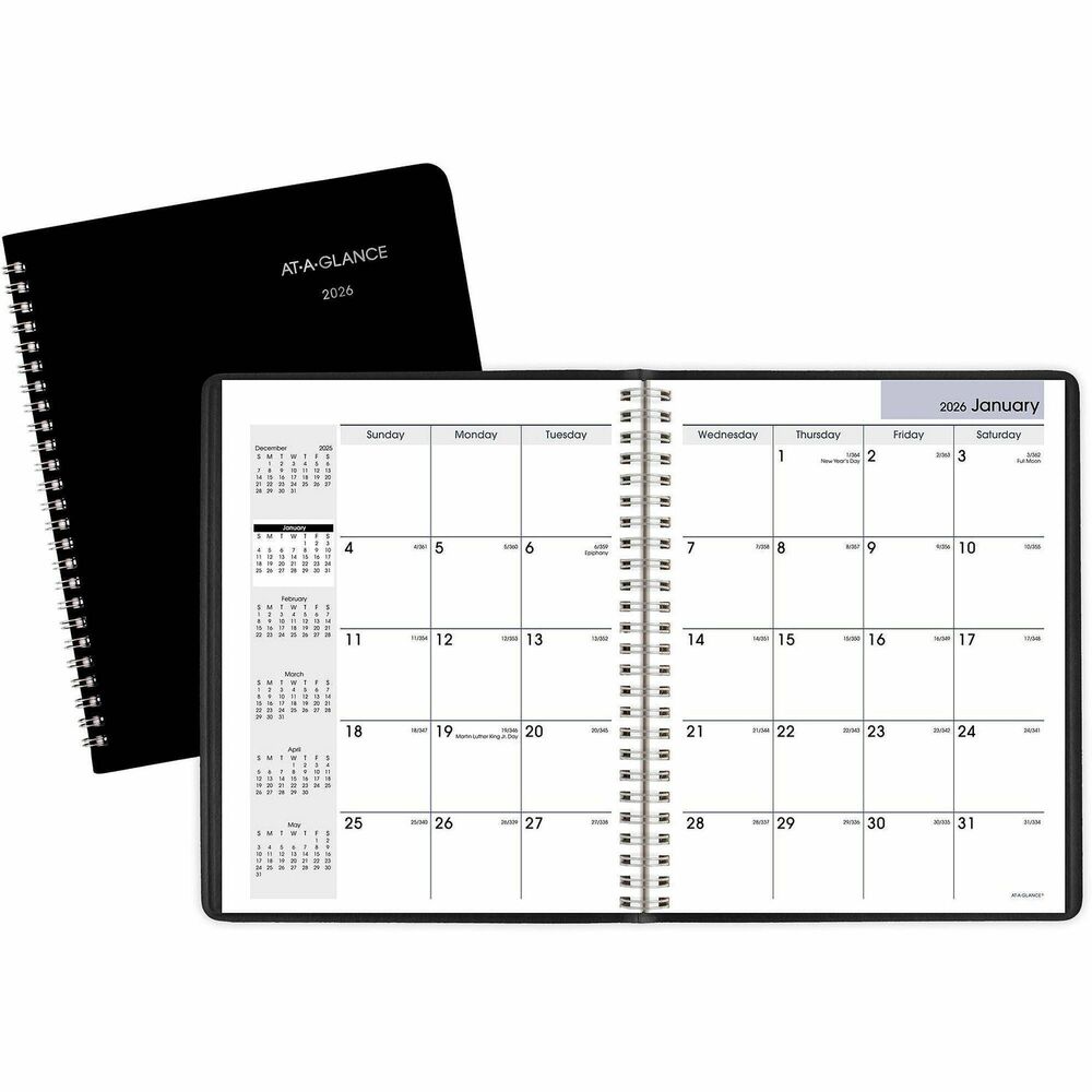 AAGG40000 - Take control of your busy schedule and get organized with this versatile monthly planner. Dated planning pages range 12 months from January to December. DayMinder Monthly Planner also features two-page-per-month spreads and memo section with notes space. Each spread includes unruled daily blocks, Sunday-through-Saturday scheduling, count of days/days remaining, holidays, and past, current and four future months reference. Nonrefillable planner has wire binding and a flexible cover. Calendar pages are printed on quality paper.