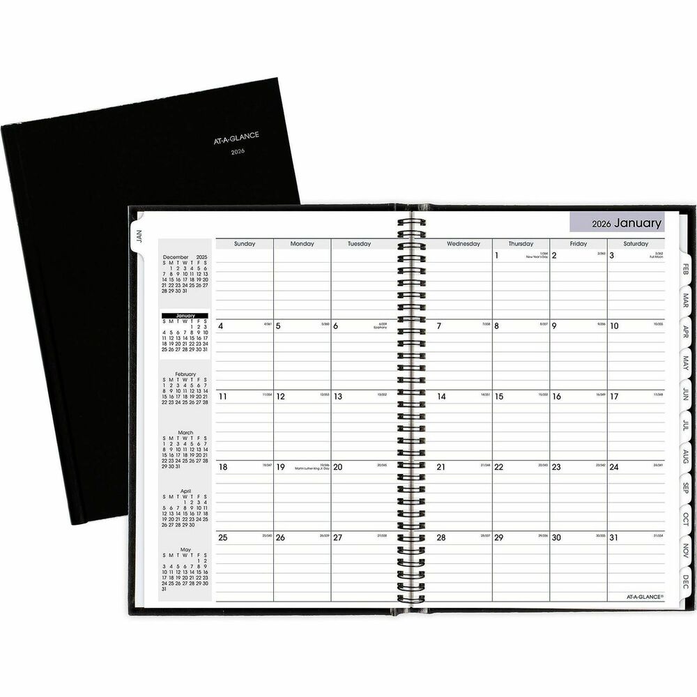 AAGG470H00 - Hardcover monthly planner means business when it comes to organizing your busy schedule. Dated planning pages range 14 months from December to January. Two-page-per-month spreads include large ruled daily blocks (1-7/8" x 2-1/6"), Sunday-through-Saturday scheduling, count of days/days remaining, holidays, and past, current and four future months reference. Monthly planner also features monthly tabs for easy reference, a storage pocket, professional hard cover and concealed wire binding as well as future planning, phone numbers, three-year overview calendars and 22 notes pages. Hardcover lasts for years so your records are well-protected. Calendar is printed on quality paper.