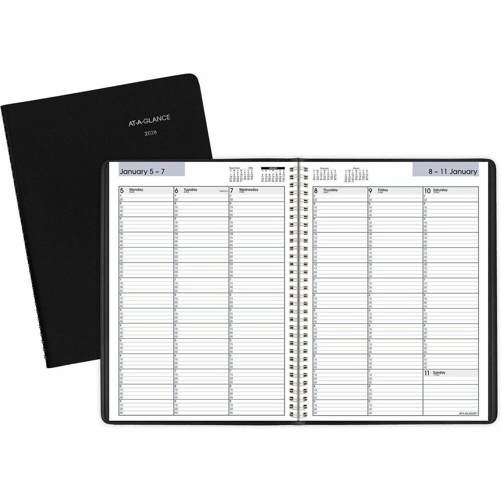 AAGG52000 - Professional planning is at your fingertips with this handsome appointment book. Dated planning pages range 12 months from January to December. Two-page-per-week spreads include ruled daily columns with half-hourly appointments for 7 AM and 7:30 AM and quarter-hourly appointment times from 8 AM to 9:45 PM on weekdays. The weekly pages also have 7 AM to 6:45 PM on Saturdays, a ruled entry for Sunday, count of days/days remaining, and past, current and two future months reference. Nonrefillable appointment book features wire binding and a simulated leather cover.