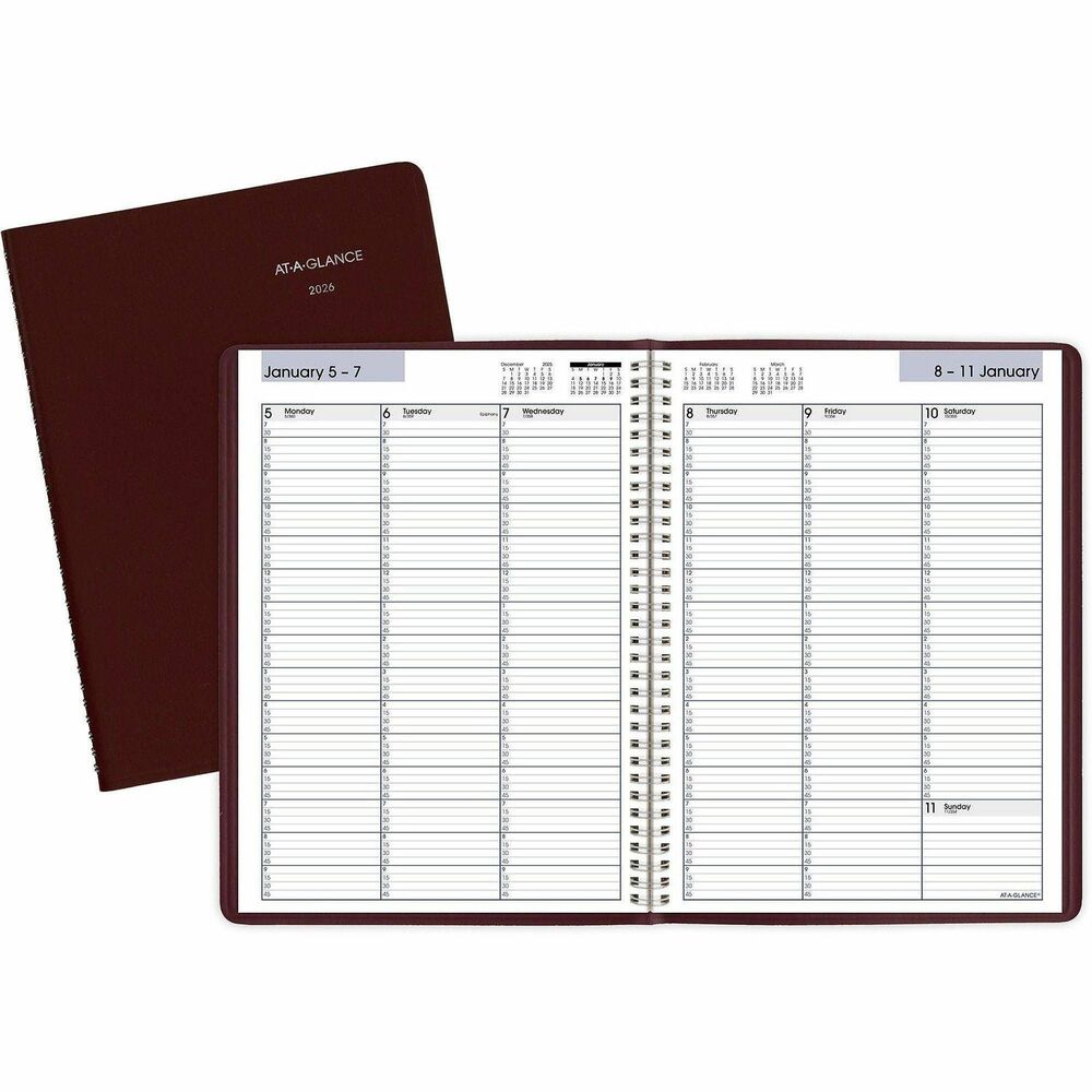 AAGG52014 - Professional planning is at your fingertips with this handsome appointment book. Dated planning pages range 12 months from January to December. Two-page-per-week spreads include ruled daily columns with half-hourly appointments for 7 AM and 7:30 AM and quarter-hourly appointment times from 8 AM to 9:45 PM on weekdays. The weekly pages also have 7 AM to 6:45 PM on Saturdays, a ruled entry for Sunday, count of days/days remaining, and past, current and two future months reference. Nonrefillable appointment book features wire binding and a simulated leather cover.