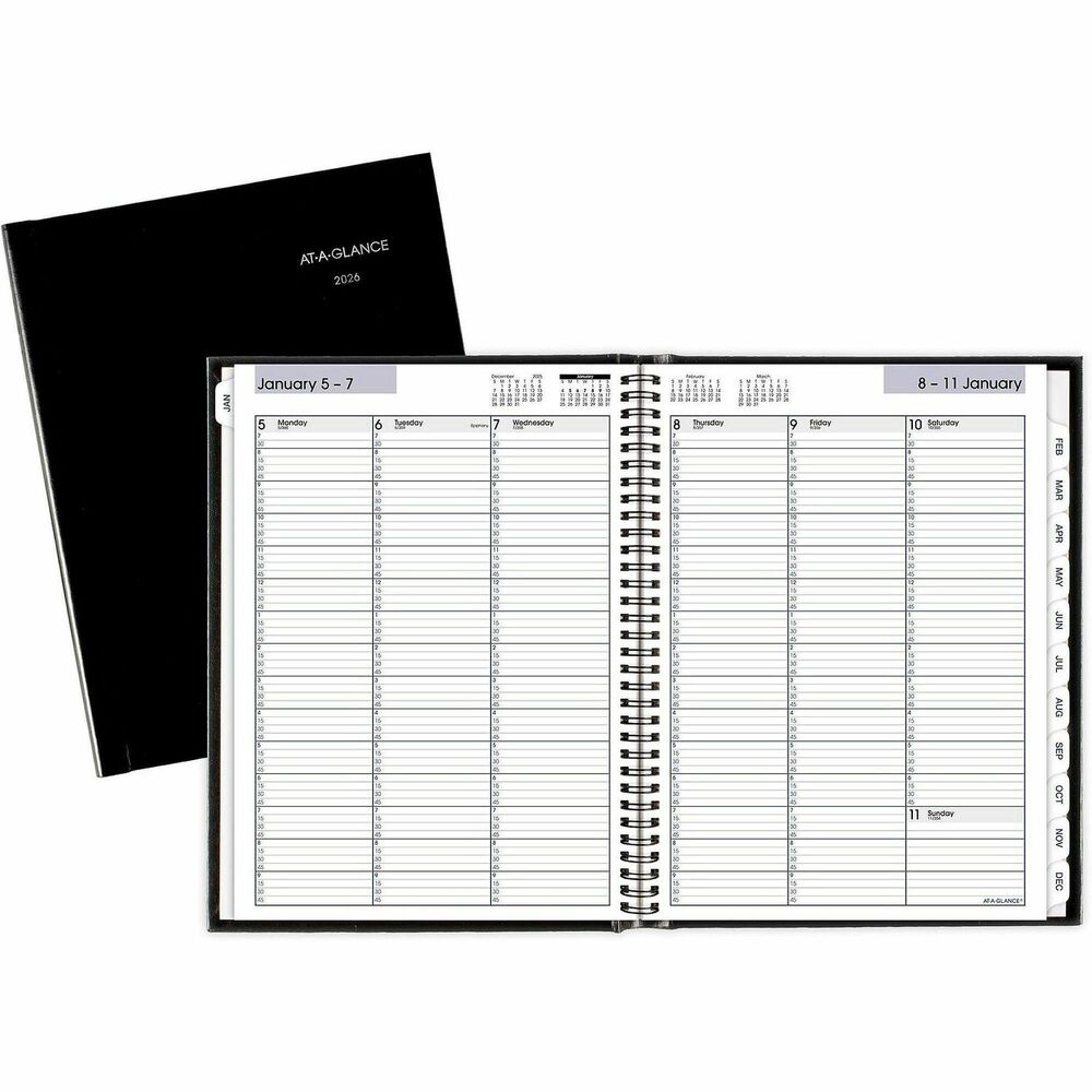 AAGG520H00 - Hardcover weekly planner means business when it comes to organizing your busy schedule. Dated planning pages range 12 months from January to December. Two-page-per-week spreads include ruled daily columns with half-hourly appointments for 7 AM and 7:30 AM and quarter-hourly appointment times from 7 AM to 9:45 PM on weekdays. Weekly pages also have 7 AM to 6:45 PM on Saturdays, brief ruled entries for Sundays, count of days/days remaining, and past, current and two future months reference. Professional appointment book also features monthly tabs for easy reference, a storage pocket and professional hardcover with concealed wire binding. Hardcover lasts for years so your records are well-protected. Nonrefillable calendar is printed on quality paper.