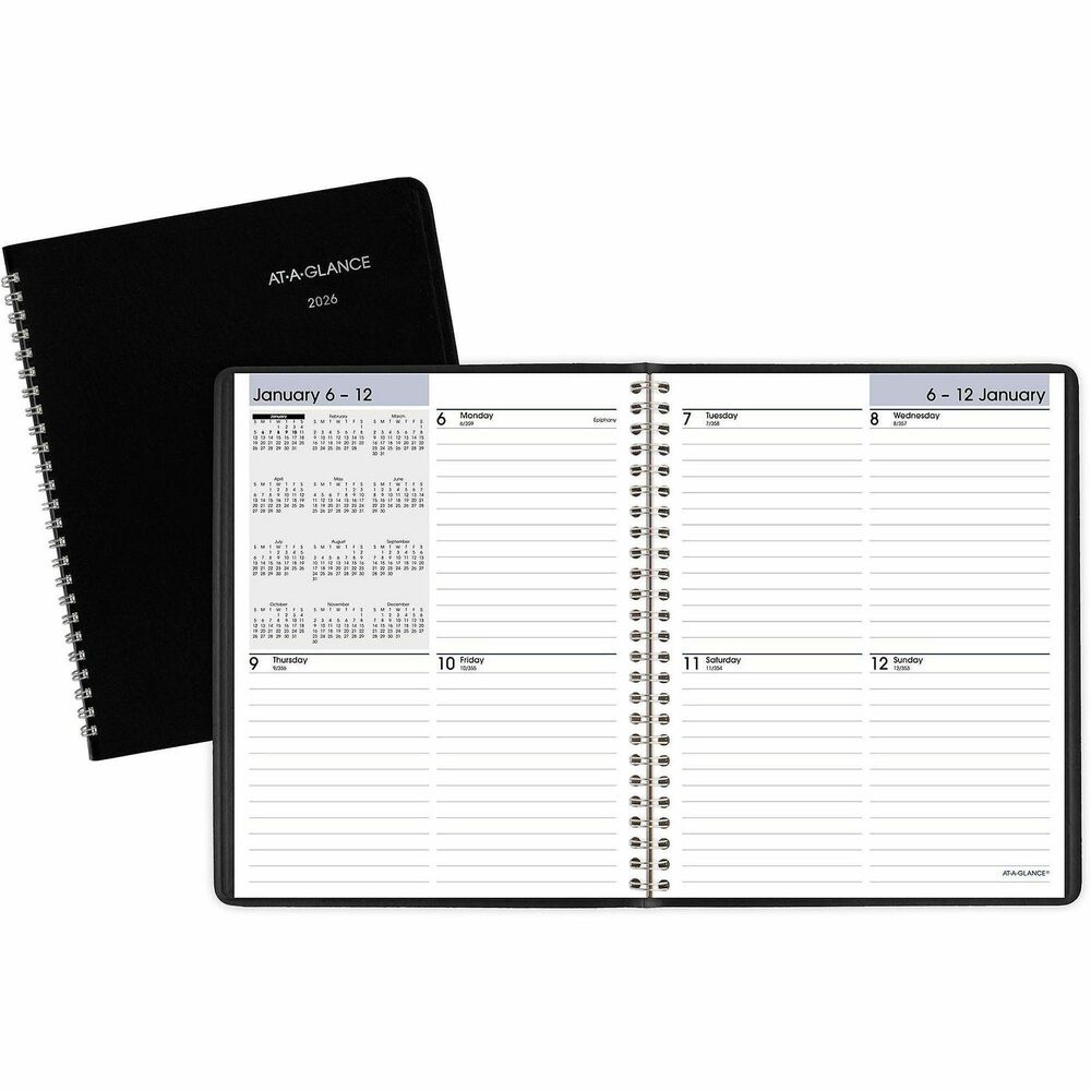 AAGG53500 - Weekly planner offers a neat way to get your schedule under control and organized. Dated planning pages range 12 months from January to December. Two-page-per-week spreads include ruled daily entries, Monday-through-Sunday scheduling, no appointment times for flexibility, count of days/days remaining, holidays and a shaded full-year calendar reference with the current reference month highlighted. Nonrefillable wirebound planner also features a simulated leather cover.