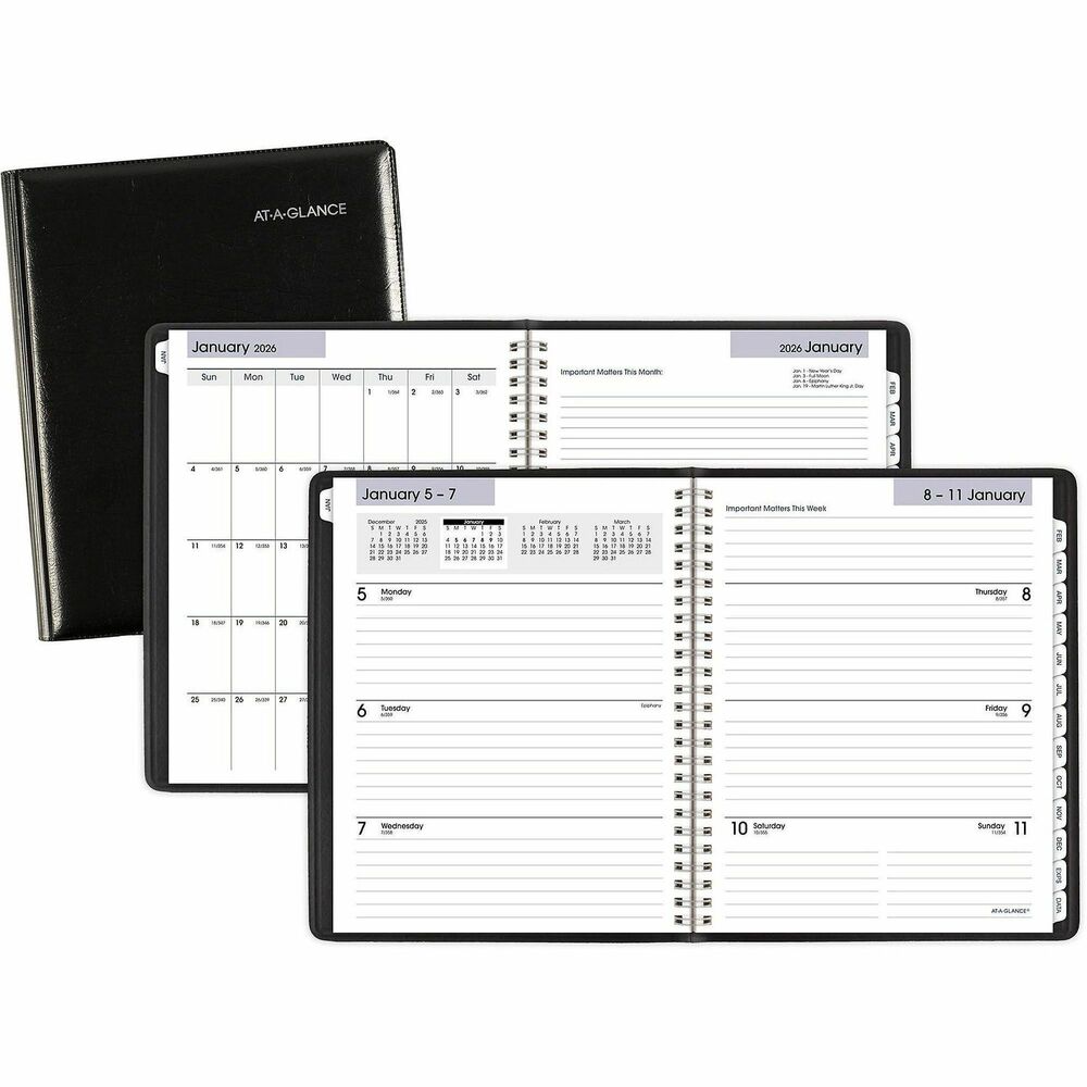 AAGG54500 - By the week or by the month, this smart planner helps you organize your busy schedule with weekly and monthly calendars. Executive planner also features a leatherlike padded cover with storage pockets, credit card holders, a removable telephone/address section, and special, 16-page information section. Dated planning pages range 12 months from January to December. Two-page-per-week spreads include ruled daily entries, Monday-through-Sunday scheduling, count of days/days remaining, space for important weekly notes, and past, current and two future months reference. Two-page-per-month spreads offer a full monthly calendar, unruled daily blocks, count of days/days remaining, holidays and a ruled notes page. Refillable planner is printed on quality paper.