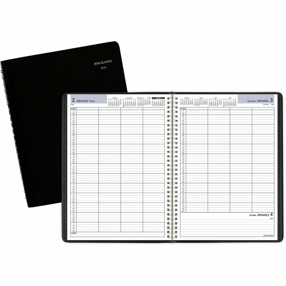 AAGG56000 - Daily appointment book allows you to keep track of four people's schedules at one time. Ideal for small work groups or contract workers. Dated planning pages range 12 months from January to December. One-page-per-weekday format offers quarter-hourly appointment times from 7 AM to 7:45 PM on weekdays and until 5:45 PM on Saturdays, four columns per page, ruled notes area, count of days/days remaining, holidays, and three past, current and four future months reference. Wirebound appointment book has a simulated leather cover and is nonrefillable.