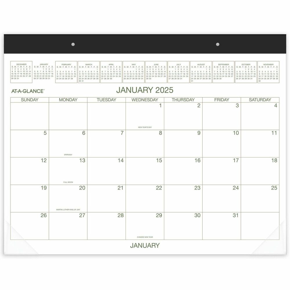 AAGGG250000 - Desk pad offers a great place to jot down meetings and appointments while protecting your desk. Dated planning pages range 12 months from January to December. One-page-per-month format includes unruled daily blocks (3" x 2-1/6"), Sunday-through-Saturday scheduling, holidays and a full-year calendar reference across the top. Calendar pages are printed in two colors - green and brown - on quality paper. Nonrefillable desk pad is bound with a headband and clear poly corners.