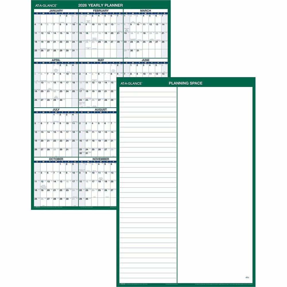 AAGPM21028 - Erasable Vertical Wall Planner is ideal for planning office meetings and events. Changing plans or adding a meeting is not a problem when you have this handy erasable surface. One side offers one year of dated planning with 1-1/16" x 1-3/8" daily blocks, Sunday-through-Saturday scheduling and holidays. Bold, large print is easy to see and read. Dated planning ranges 12 months from January to December. The other side offers a ruled area and an unruled section for flexible planning. Thick laminated, write-on/wipe-off surface allows easy changes and offers ample writing space in each block. Wall planner also includes a wet-erase marker.