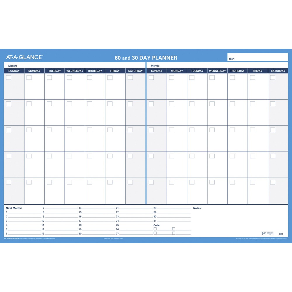 AAGPM23328 - Horizontal wall planner is ideal for planning office meetings and events. One side offers a place for 30-day planning with 5" x 3-3/8" unruled daily blocks, and the other side has 60-day planning with 2-1/2" x 3" unruled daily blocks. Both sides are undated and offer notes space for next month's plans. Thick laminated, write-on/wipe-off surface allows easy changes and offers ample writing space in each block. Bright white background allows easier viewing and reading. Wall planner also includes a black, wet-erase marker.