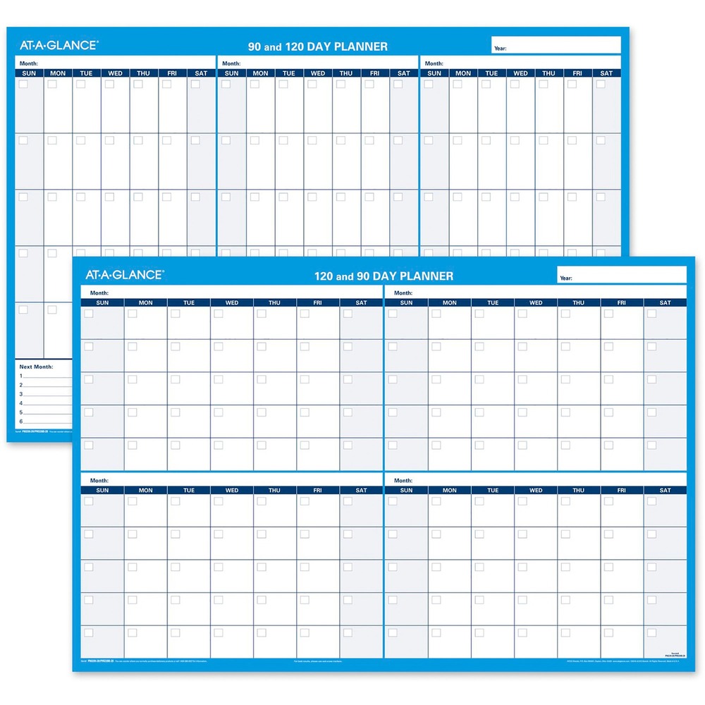 AAGPM23928 - Erasable wall planner is ideal for planning office meetings and events. One side features 90-day planning with 1-5/8" x 3" unruled daily blocks, and the other has 120-day planning with 2-7/16" x 1-13/16" unruled daily blocks. Both sides are undated and offer notes space for next month's plans. Thick laminated, write-on/wipe-off surface allows easy changes and offers ample writing space in each block. Bright white background allows easier viewing and reading. Wall planner also includes a black, wet-erase marker.