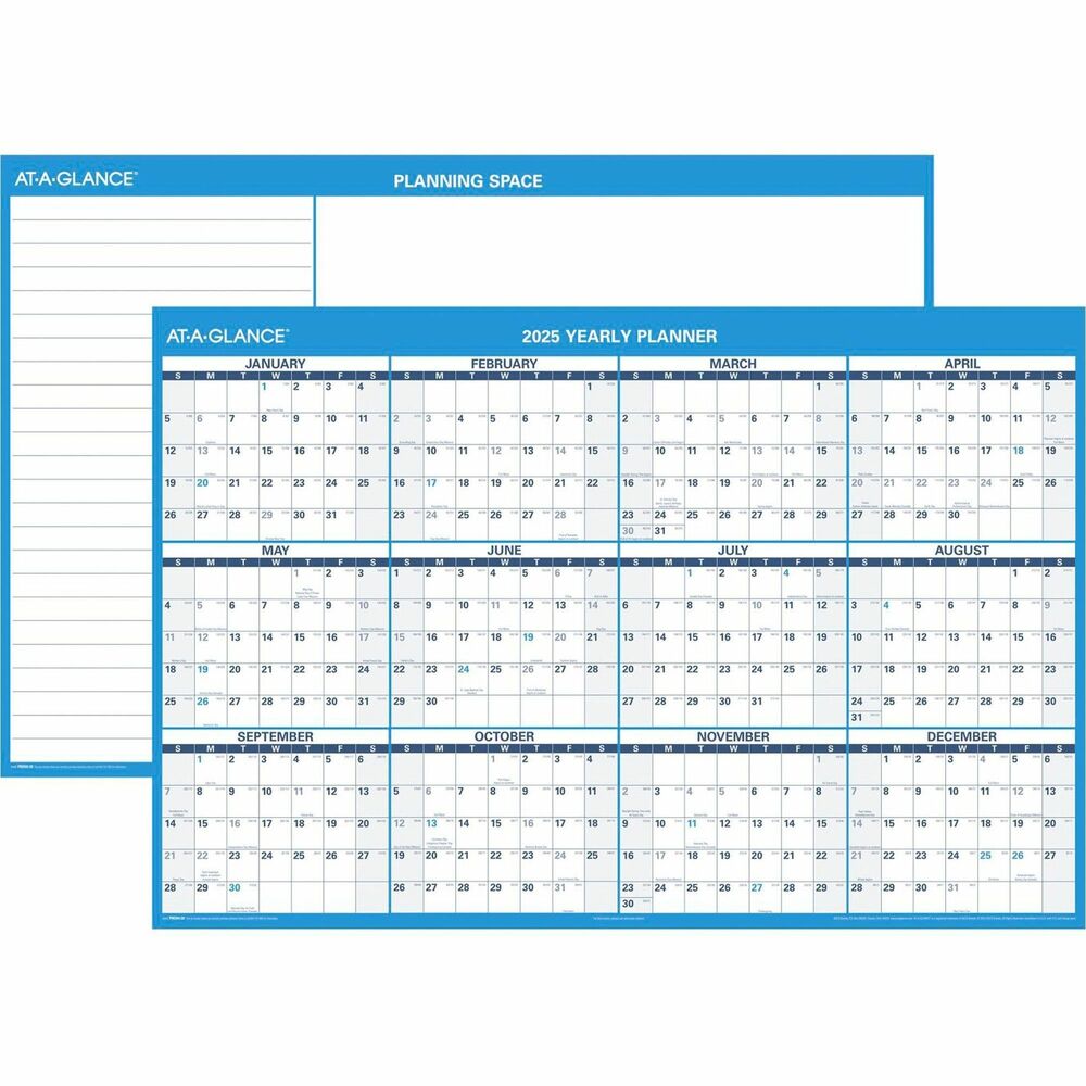 AAGPM30028 - Horizontal wall planner features an erasable surface so a change of plans or adding a meeting is not a problem. Ideal for busy offices. One side has one year of dated planning from January to December, and the other side has a ruled notes area and unruled planning section for flexibility. Yearly calendar includes unruled daily blocks (1-5/8" x 1-1/2"), Sunday-through-Saturday scheduling, count of days/days remaining and holidays. Thick, laminated write-on/wipe-off surface allows easy changes and ample writing space in each block. Wall planner also includes a wet-erase marker.