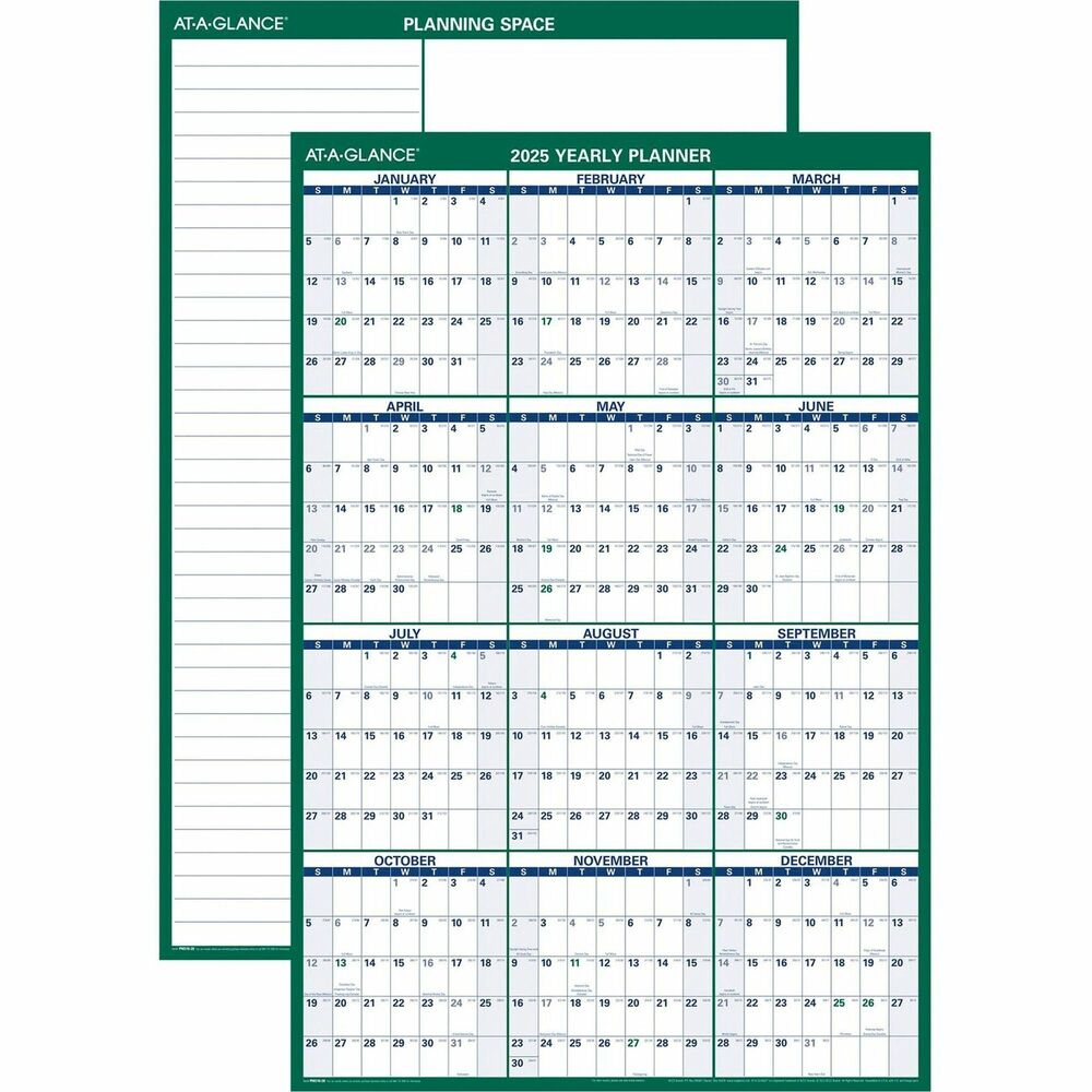 AAGPM31028 - Erasable Vertical Wall Planner is ideal for planning office meetings and events. Changing plans or adding a meeting is not a problem when you have this handy erasable surface. One side offers one year of dated planning with 1-3/8" x 2" daily blocks, Sunday-through-Saturday scheduling and holidays. Planning ranges 12 months from January to December. The other side features a ruled notes column and a planning section. Bold, large print is easy to see and read. Thick laminated, write-on/wipe-off surface allows easy changes and offers ample writing space in each block. Wall planner also includes a wet-erase marker.