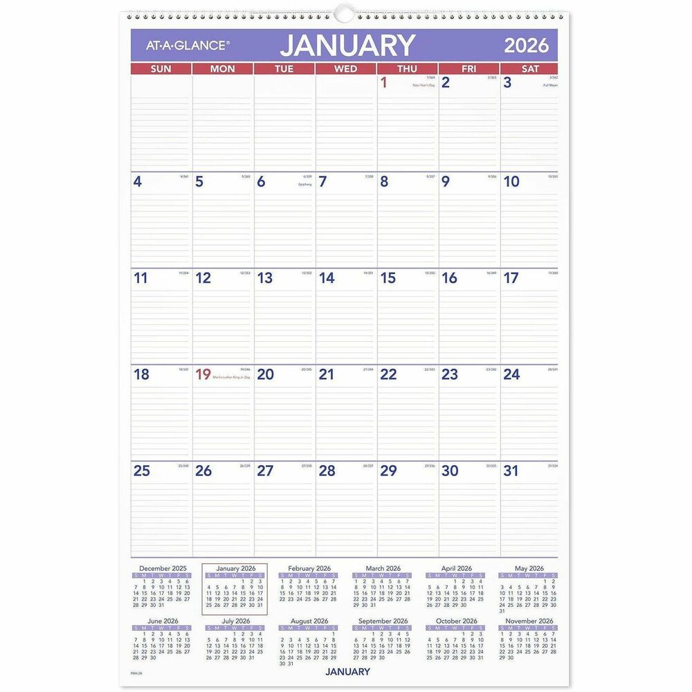 AAGPM428 - Monthly wall calendar is loaded with room for scheduling to track projects, schedule vacations and plan the future. It is perfect for cubicles and work spaces. Dated planning pages range 12 months from January to December. One-page-per-month format features ruled daily blocks (2-11/16" x 4-3/8"), Sunday-through-Saturday scheduling, federal holidays highlighted in red, 12-month calendar reference at bottom, count of days/days remaining and plenty of writing space. Wire-bound wall calendar has a full chipboard back and hanging loop. Calendar is printed in blue and red ink on quality paper.