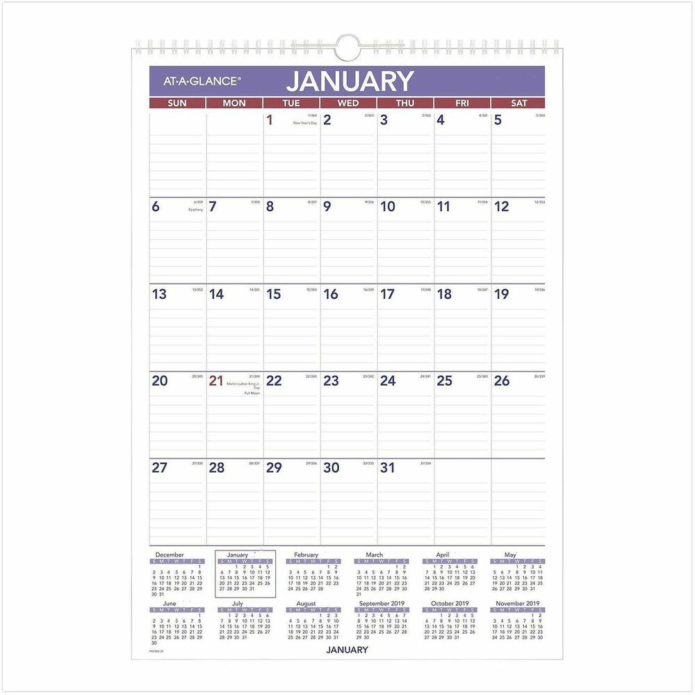 AAGPMLM0228 - Laminated wall calendar lets you easily rewrite schedules and change appointments on the erasable surface. Calendar includes six double-sided sheets with a one-page-per-month format on both sides. Each page includes daily ruled blocks (1-9/16" x 2-7/16"), Sunday-through-Saturday scheduling, count of days/days remaining, holidays," and a full-year calendar reference. Dated planning pages range 12 months from January to December. Calendar includes a wet-erase marker. Hang calendar easily on a wall with the included hanging loop on the top wire binding.