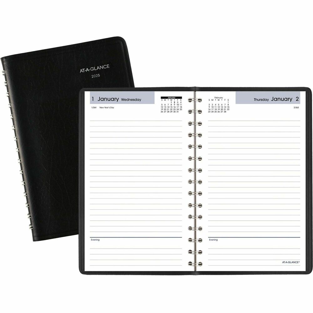 AAGSK4600 - Keeping track of your schedule is easy when you use this smartly designed, daily appointment book. One-page-per-day format offers ample ruled space, a two-color design, count of days/days remaining, holidays, and no appointment times for flexible scheduling. Current and future months reference spans two days. Dated planning pages range 12 months from January to December. Wirebound appointment book also has a simulated leather cover and is nonrefillable.