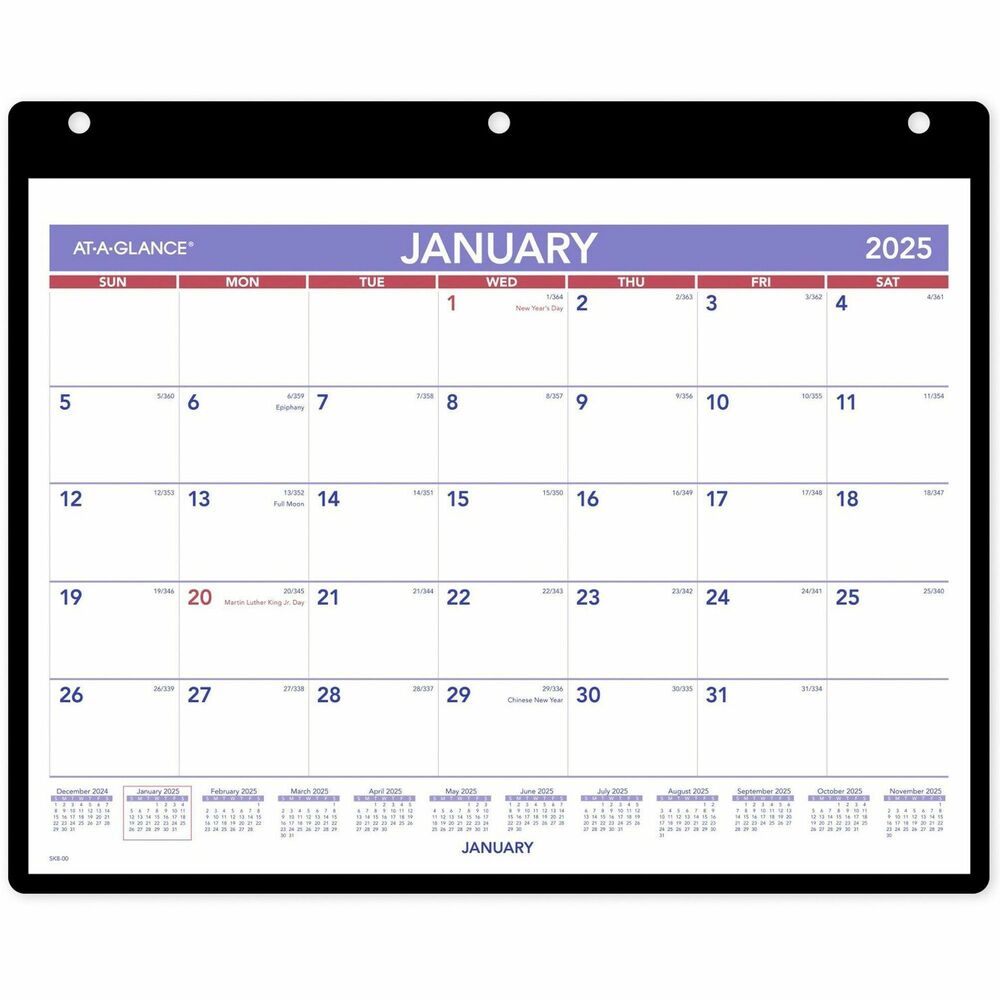 AAGSK800 - Desk/wall calendar features a user-friendly pocket design that lets you protect your calendar pages and easily slip in a refill. Calendar is housed in a protective, vinyl-backed holder with clear, vinyl view front. Pocket-style closure allows easy removal and better protection of pages. Holder edge is three-hole punched for binders or wall mounting. Clear cover can be used with a water-soluble marker. Dated planning pages range 12 months from January to December. One-page-per-month format includes unruled daily blocks (1-1/2" x 1-1/8"), Sunday-through-Saturday scheduling, count of days/days remaining, and federal holidays highlighted in red. Current month is also highlighted in red in the full-year calendar reference along the bottom. Desk/wall calendar is refillable.