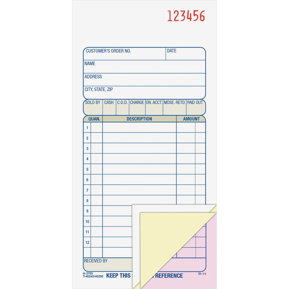 ABFTC3705 - Carbonless sales book offers multiple copies of transactions with each set consecutively numbered. Each three-part form includes areas for customer information, order number, terms, date, shipping information and salesperson. Provided columns offer places to enter quantity, description, price and amount. Space at top offers space for your company stamp. Use wraparound cover to place between sets. Paper sequence is originals in white, duplicates in canary and triplicates in pink. Carbonless paper means no mess. Book includes 50 sets made with premium-grade paper.