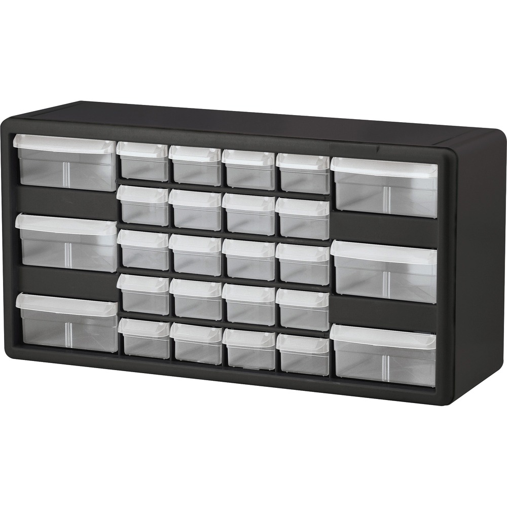 AKM10126 - Strong plastic cabinet organizes and protects your small supplies and other components. Cabinets stack securely and can also be wall-mounted with keyhole slots. This stackable cabinet includes 26 large and small dividable drawers to multiply storage options. Clear unbreakable drawers offer easy content identification. Finger-grip drawer pulls provide easy access. Rear stop tabs prevent contents from spilling. Frame is made of one-piece, high-impact plastic. Dividers are molded into the back of the cabinet.