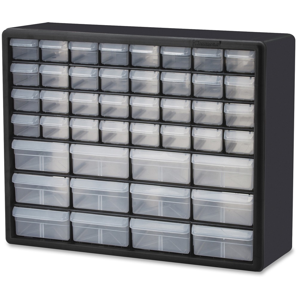 AKM10144 - Strong plastic cabinet organizes and protects your small supplies and other components. Cabinets stack securely and can also be wall-mounted with keyhole slots. This stackable cabinet includes 26 large and small dividable drawers to multiply storage options. Clear unbreakable drawers offer easy content identification. Finger-grip drawer pulls provide easy access. Rear stop tabs prevent contents from spilling. Frame is made of one-piece, high-impact plastic. Dividers are molded into the back of the cabinet.