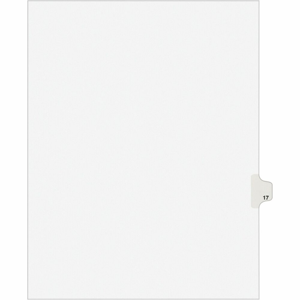 AVE01017 - Use these individual legal dividers when you're assembling your case for organized files. This set contains 25 dividers printed with the same tab. Use these dividers to organize your index briefs, legal exhibits, mortgage documentation files and more. The crisp and clean, white paper stock gives your files a professional appearance. The durable, Rip Proof, reinforced side tabs are preprinted on both sides using Helvetica bold type so you can locate your information easily. The unpunched binding edges mean these indexes can fit practically any binding system.