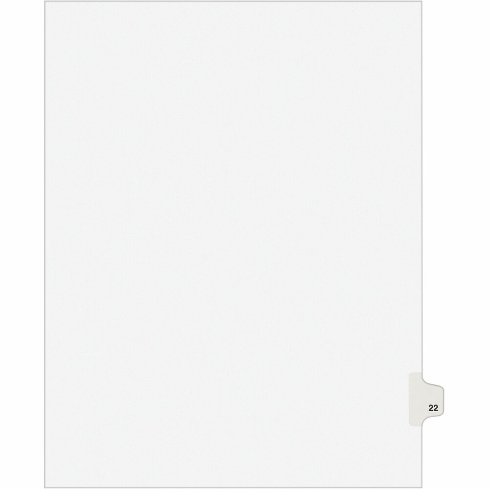 AVE01022 - Use these individual legal dividers when you're assembling your case for organized files. This set contains 25 dividers printed with the same tab. Use these dividers to organize your index briefs, legal exhibits, mortgage documentation files and more. The crisp and clean, white paper stock gives your files a professional appearance. The durable, Rip Proof, reinforced side tabs are preprinted on both sides using Helvetica bold type so you can locate your information easily. The unpunched binding edges mean these indexes can fit practically any binding system.