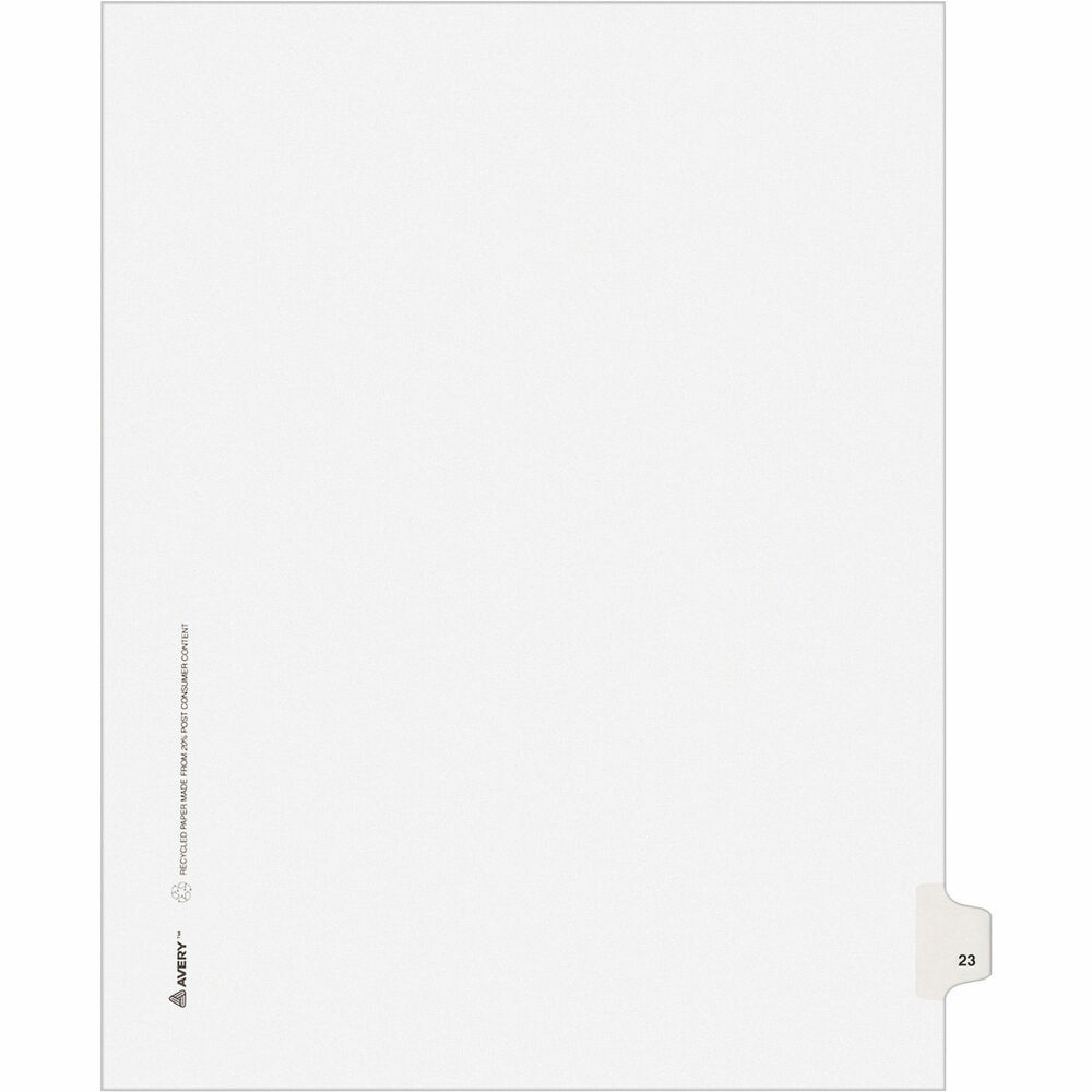 AVE01023 - Use these individual legal dividers when you're assembling your case for organized files. This set contains 25 dividers printed with the same tab. Use these dividers to organize your index briefs, legal exhibits, mortgage documentation files and more. The crisp and clean, white paper stock gives your files a professional appearance. The durable, Rip Proof, reinforced side tabs are preprinted on both sides using Helvetica bold type so you can locate your information easily. The unpunched binding edges mean these indexes can fit practically any binding system.