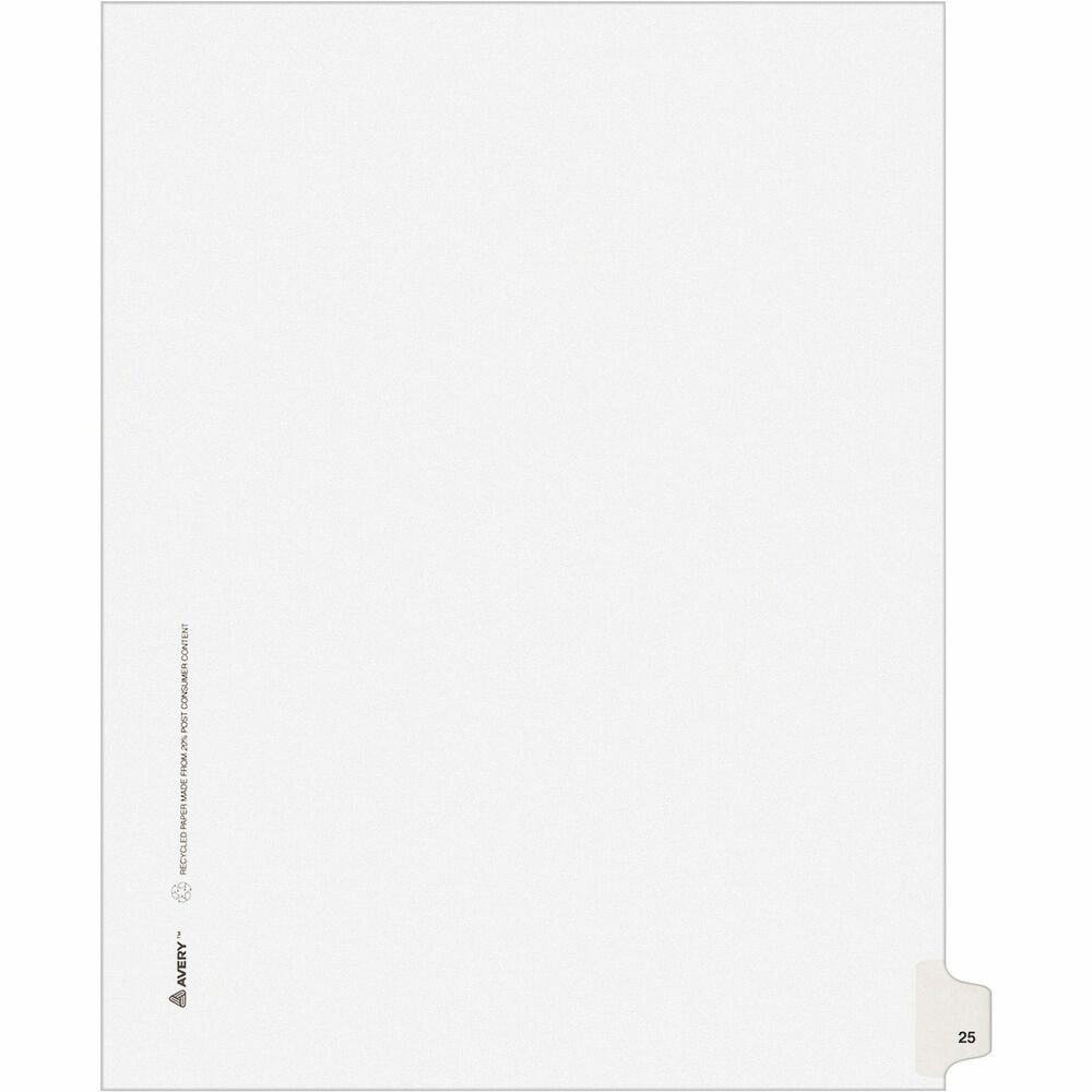AVE01025 - Use these individual legal dividers when you're assembling your case for organized files. This set contains 25 dividers printed with the same tab. Use these dividers to organize your index briefs, legal exhibits, mortgage documentation files and more. The crisp and clean, white paper stock gives your files a professional appearance. The durable, Rip Proof, reinforced side tabs are preprinted on both sides using Helvetica bold type so you can locate your information easily. The unpunched binding edges mean these indexes can fit practically any binding system.